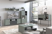 Moderne Wohnzimmermöbel in einem hellen Raum mit großen Fenstern, bestehend aus einer Highboardvitrine, einem TV-Schrank und einem Couchtisch in graugrünem Design. Perspektive von vorne.