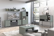 Moderne Wohnzimmermöbel in einem hellen Raum mit großen Fenstern, bestehend aus einer Highboardvitrine, einem TV-Schrank und einem Couchtisch in graugrünem Design. Perspektive von vorne.