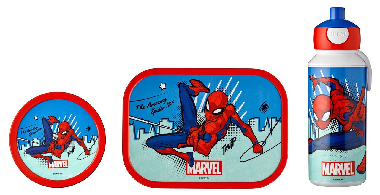 Lunchset Campus Spiderman mit Teller, Brotdose und Trinkflasche, Vorderansicht