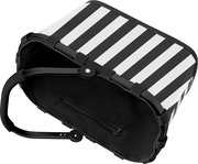 Schwarz-weiß gestreifte Picknicktasche mit stabilem Metallrahmen und Reißverschlussfach, schräg von oben in Seitenansicht fotografiert.