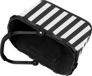 Schwarz-weiß gestreifte Picknicktasche mit stabilem Metallrahmen und Reißverschlussfach, schräg von oben in Seitenansicht fotografiert.