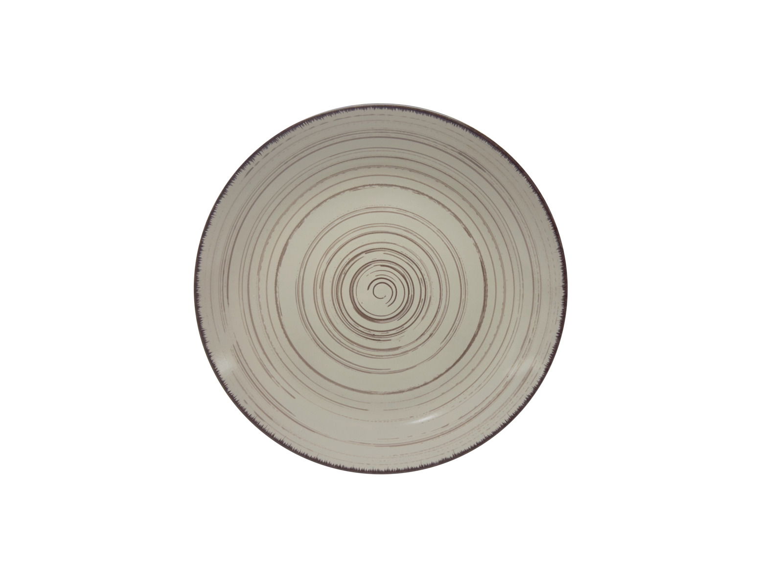 Runde, beige Keramikplatte mit konzentrischen Kreisen, Ansicht von oben.