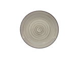 Runde, beige Keramikplatte mit konzentrischen Kreisen, Ansicht von oben.