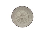 Runde, beige Keramikplatte mit konzentrischen Kreisen, Ansicht von oben.