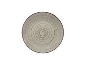 Runde, beige Keramikplatte mit konzentrischen Kreisen, Ansicht von oben.