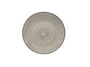 Runde, beige Keramikplatte mit konzentrischen Kreisen, Ansicht von oben.