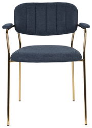 Vorderansicht eines eleganten Armlehnenstuhls mit blauem Stoffbezug und goldenen Metallbeinen.