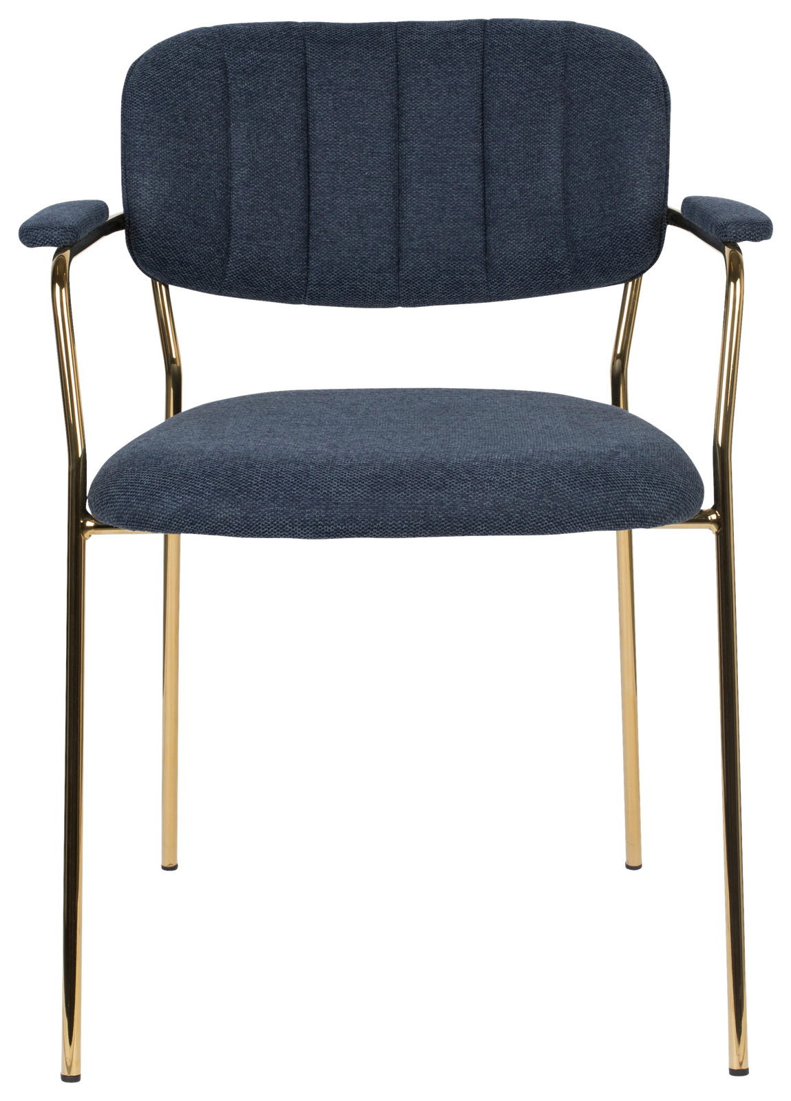 Vorderansicht eines eleganten Armlehnenstuhls mit blauem Stoffbezug und goldenen Metallbeinen.