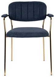 Vorderansicht eines eleganten Armlehnenstuhls mit blauem Stoffbezug und goldenen Metallbeinen.