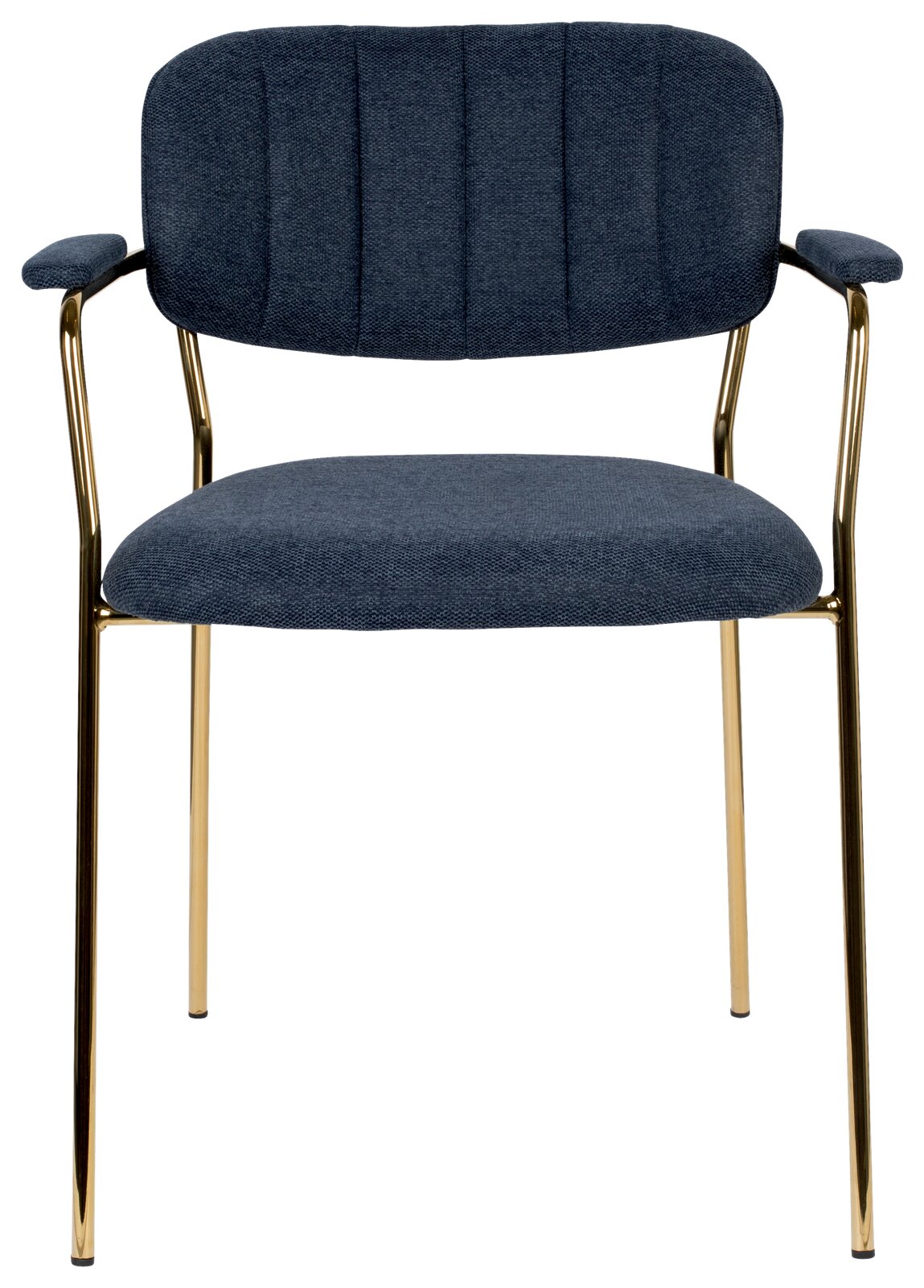 Vorderansicht eines eleganten Armlehnenstuhls mit blauem Stoffbezug und goldenen Metallbeinen.