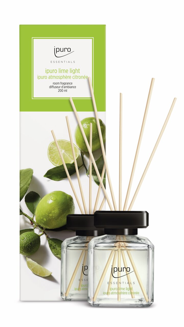 Lime Light Raumduft 200ml mit zwei Glasflaschen und Duftstäbchen, Vorderansicht