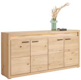Holz-Sideboard mit sechs Türen, dekoriert mit einer Vase und Büchern, seitliche Perspektive