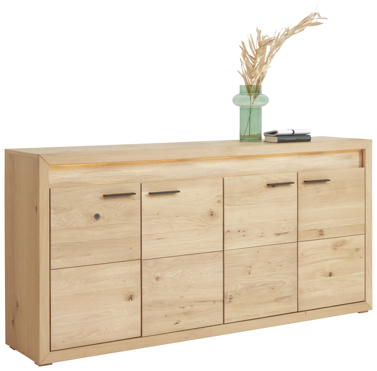 Linea Natura Sideboard CLEVELAND Holz-Sideboard mit sechs Türen, dekoriert mit einer Vase und Büchern, seitliche Perspektive