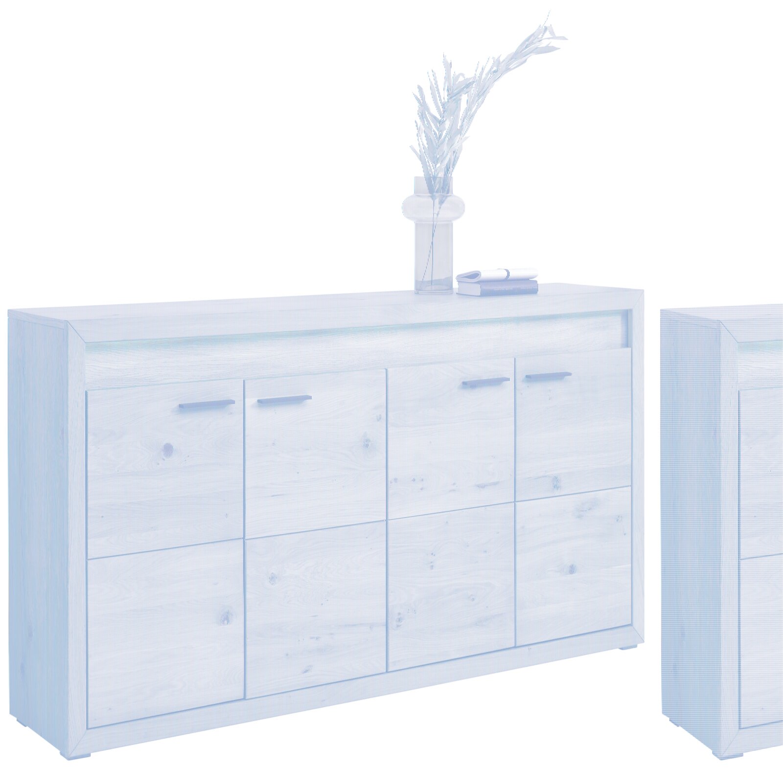 Linea Natura Sideboard CLEVELAND Holz-Sideboard mit sechs Türen, dekoriert mit einer Vase und Büchern, seitliche Perspektive