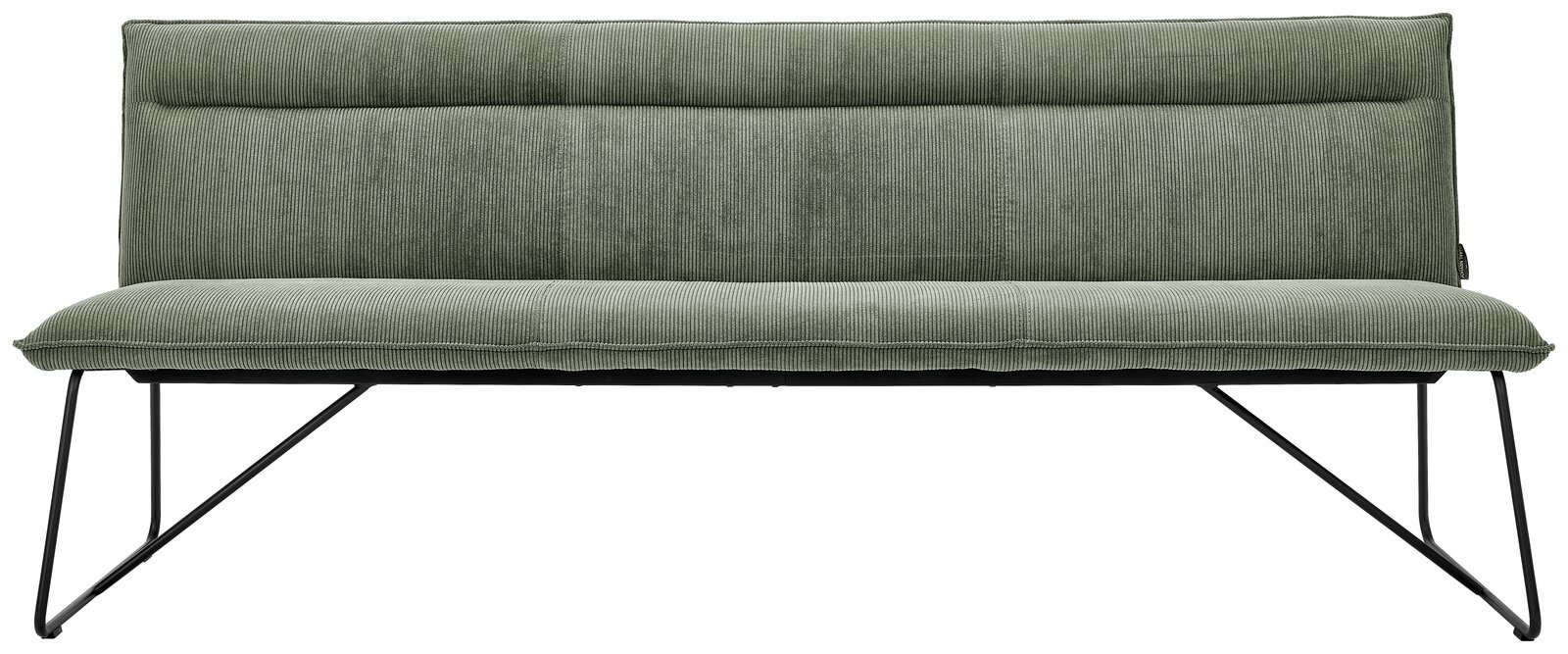 Grüne Sitzbank mit Stoffbezug und Metallbeinen, Frontalansicht