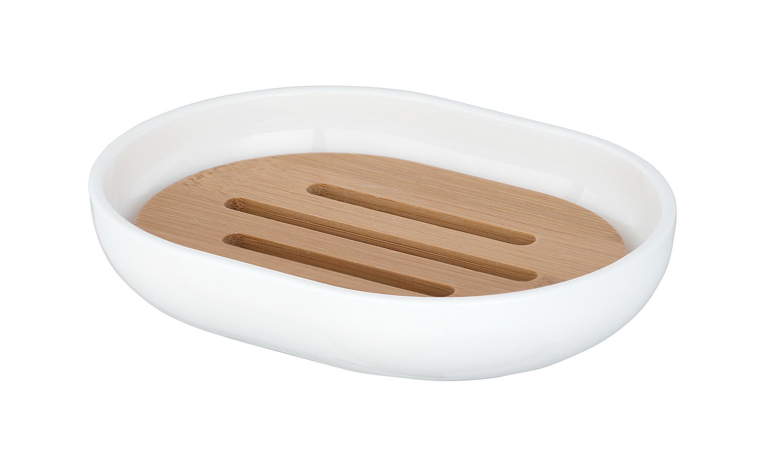 Ovale Seifenablage aus weißem Material mit einem Einsatz aus hellem Holz, seitliche Perspektive