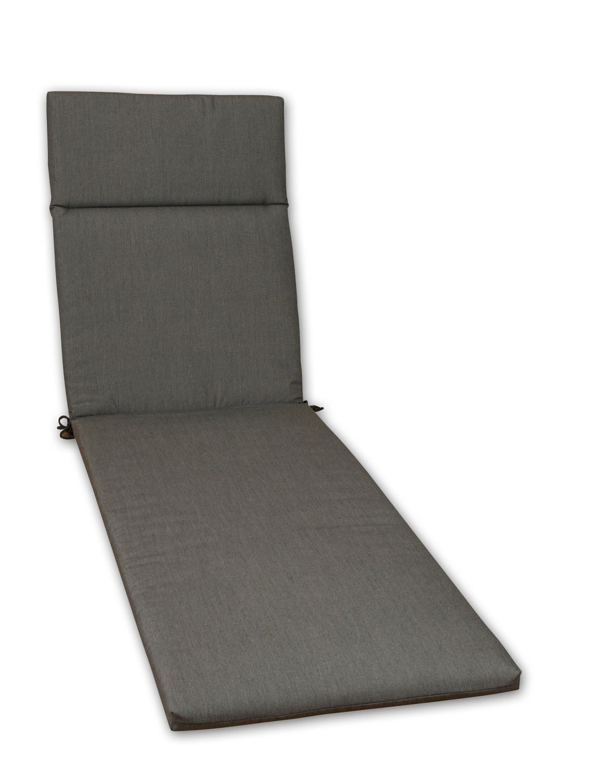 Graue Liegenauflage in schräger Perspektive, ideal für Gartenmöbel.