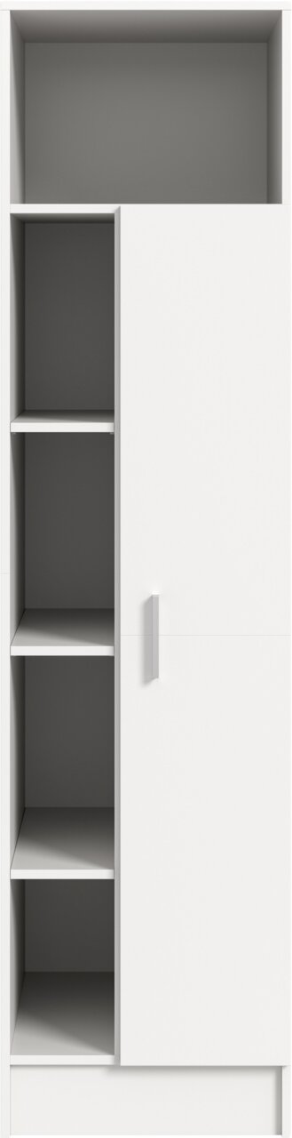 Weißer Hochschrank mit teilgeöffneter Tür, links offene Regalfächer und oben offenes Fach, Frontansicht (leicht frontal)