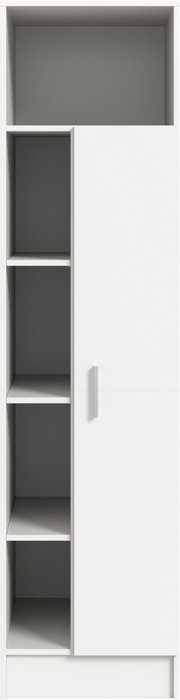 Weißer Hochschrank mit teilgeöffneter Tür, links offene Regalfächer und oben offenes Fach, Frontansicht (leicht frontal)
