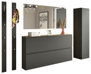 Modernes Garderobenset in dunklem Design mit Spiegel, Hakenleiste und Stauraum, seitliche Perspektive