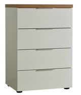 Weiße Schubkastenkommode mit vier Schubladen und Holzoberfläche, seitliche Perspektive