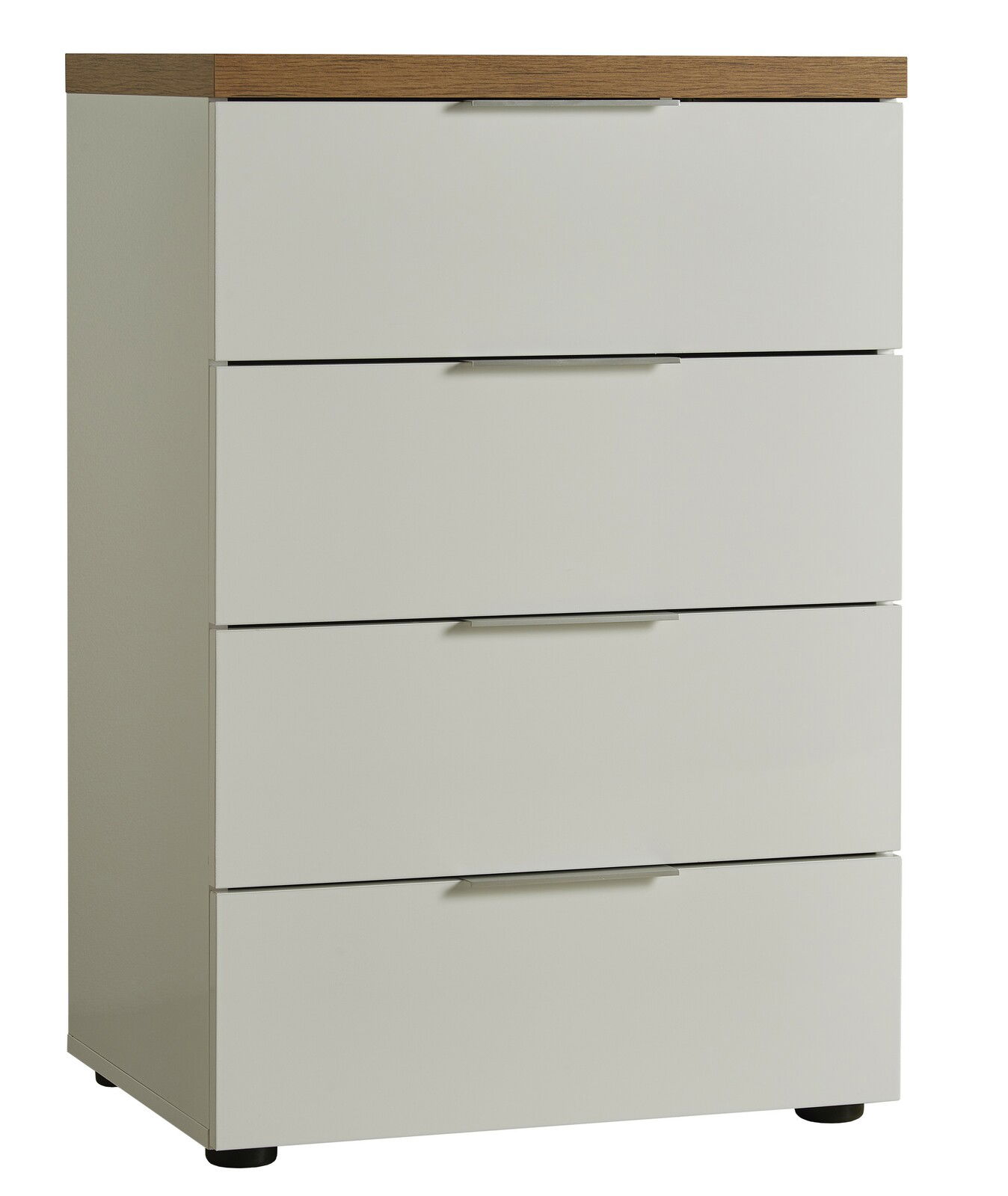 Weiße Schubkastenkommode mit vier Schubladen und Holzoberfläche, seitliche Perspektive