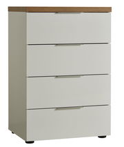 Weiße Schubkastenkommode mit vier Schubladen und Holzoberfläche, seitliche Perspektive