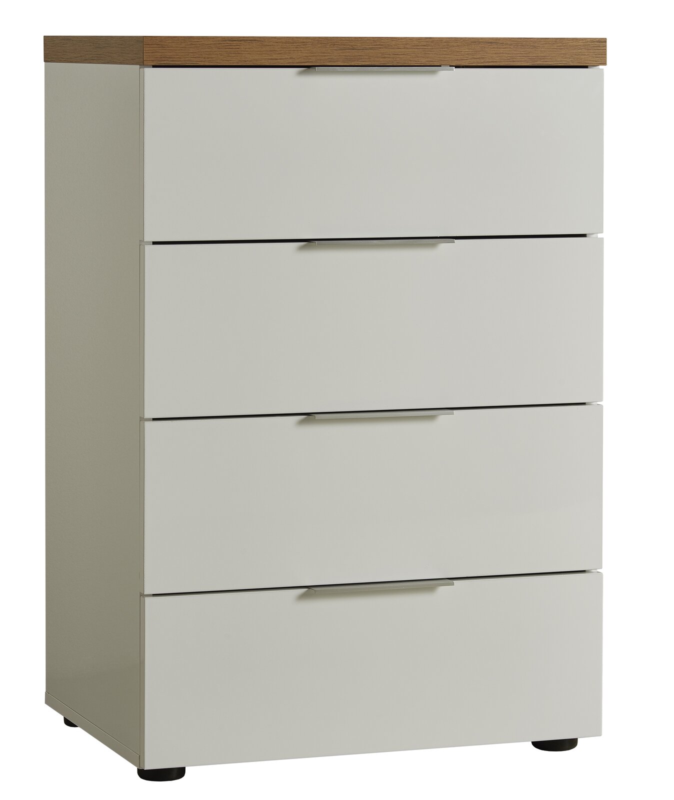 Weiße Schubkastenkommode mit vier Schubladen und Holzoberfläche, seitliche Perspektive