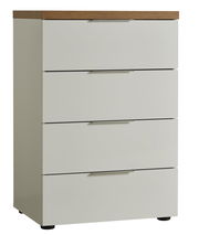 Weiße Schubkastenkommode mit vier Schubladen und Holzoberfläche, seitliche Perspektive