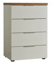 Weiße Schubkastenkommode mit vier Schubladen und Holzoberfläche, seitliche Perspektive