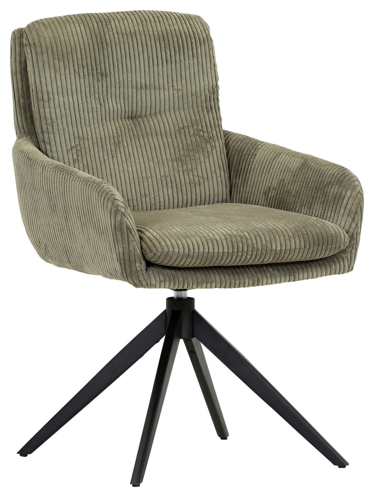 Grüner Armlehnstuhl mit geripptem Stoffbezug und schwarzem Metallgestell, seitliche Perspektive