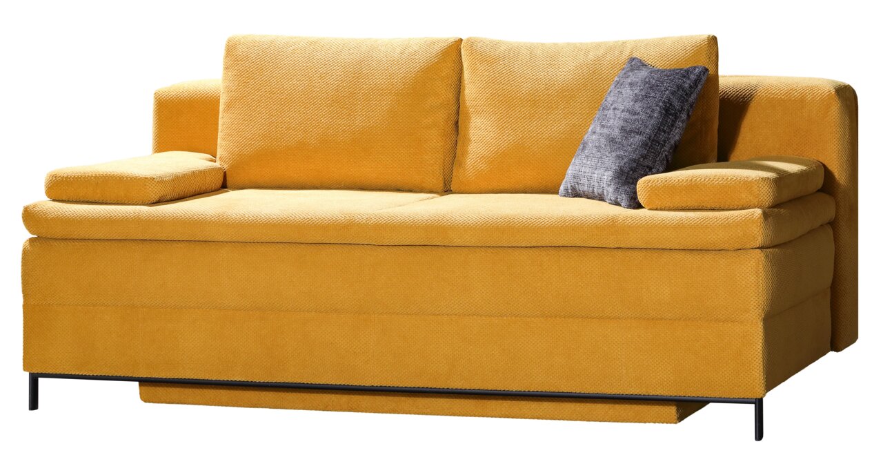 Gelbes Querschläfer-Sofa mit grauem Kissen, seitliche Perspektive
