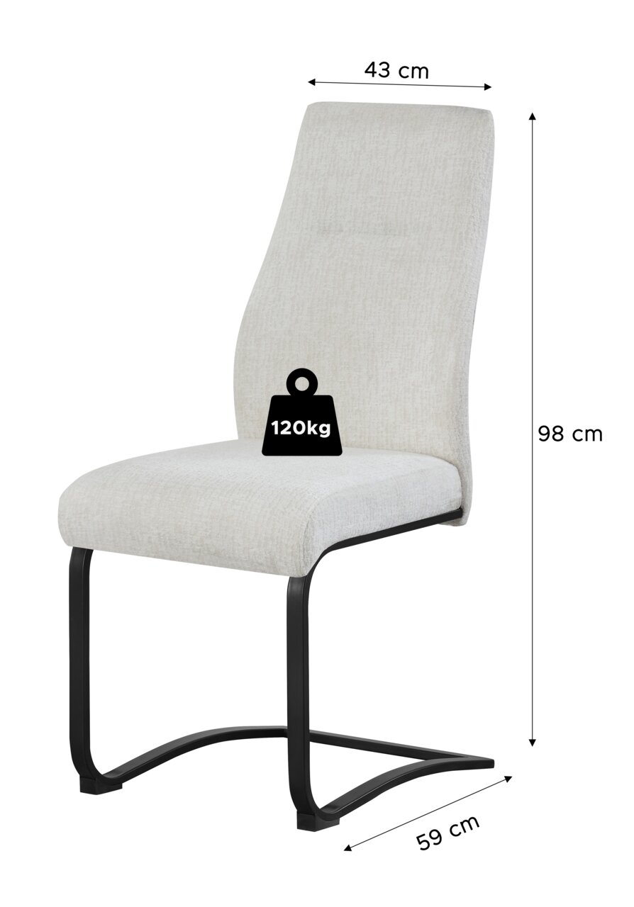 Beiger Polster-Schwingstuhl mit schwarzem Metallgestell, Seitenansicht in leichter Schrägperspektive; Maße ca. 98 cm hoch, 43 cm breit, 59 cm tief, belastbar bis 120 kg.