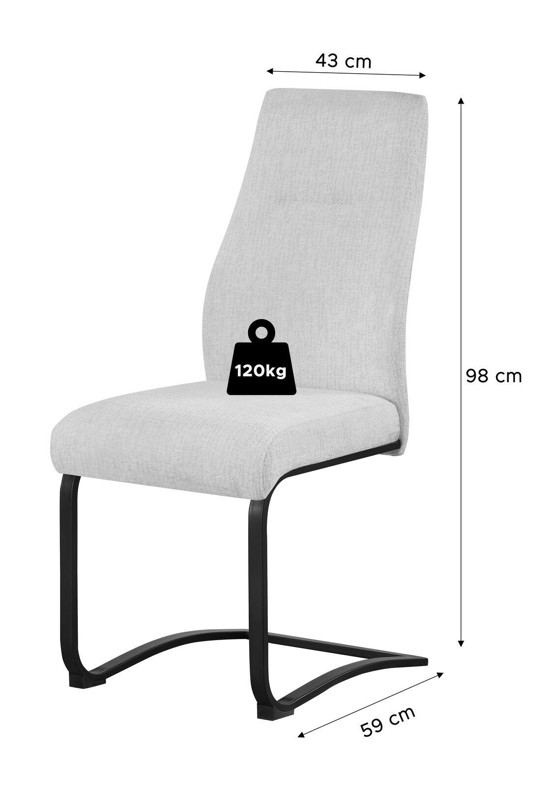 Beiger Polster-Schwingstuhl mit schwarzem Metallgestell, Seitenansicht in leichter Schrägperspektive; Maße ca. 98 cm hoch, 43 cm breit, 59 cm tief, belastbar bis 120 kg.