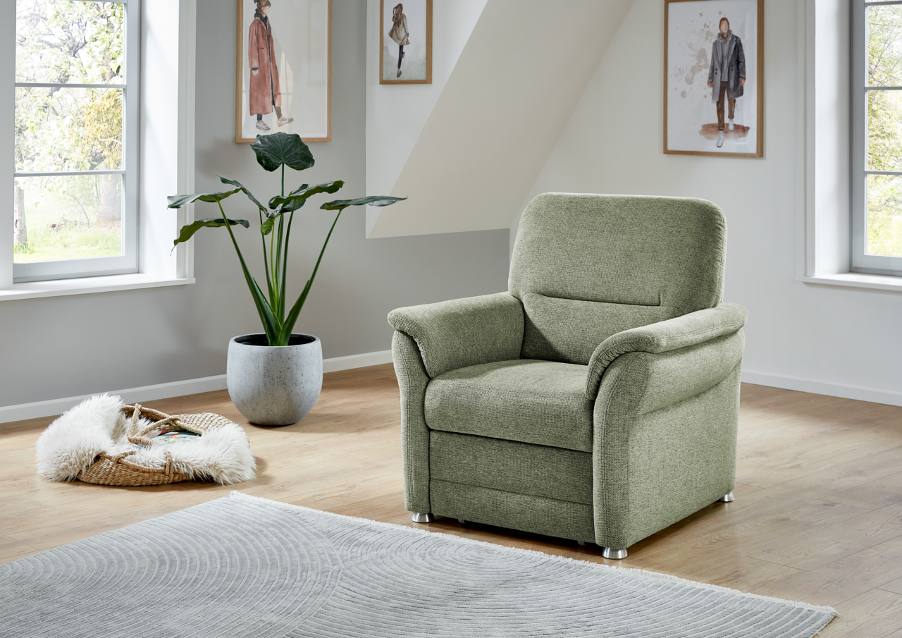 Beldomo Comfort Sessel QUEENLINE Grüner Sessel in einem modernen Wohnzimmer, seitliche Perspektive