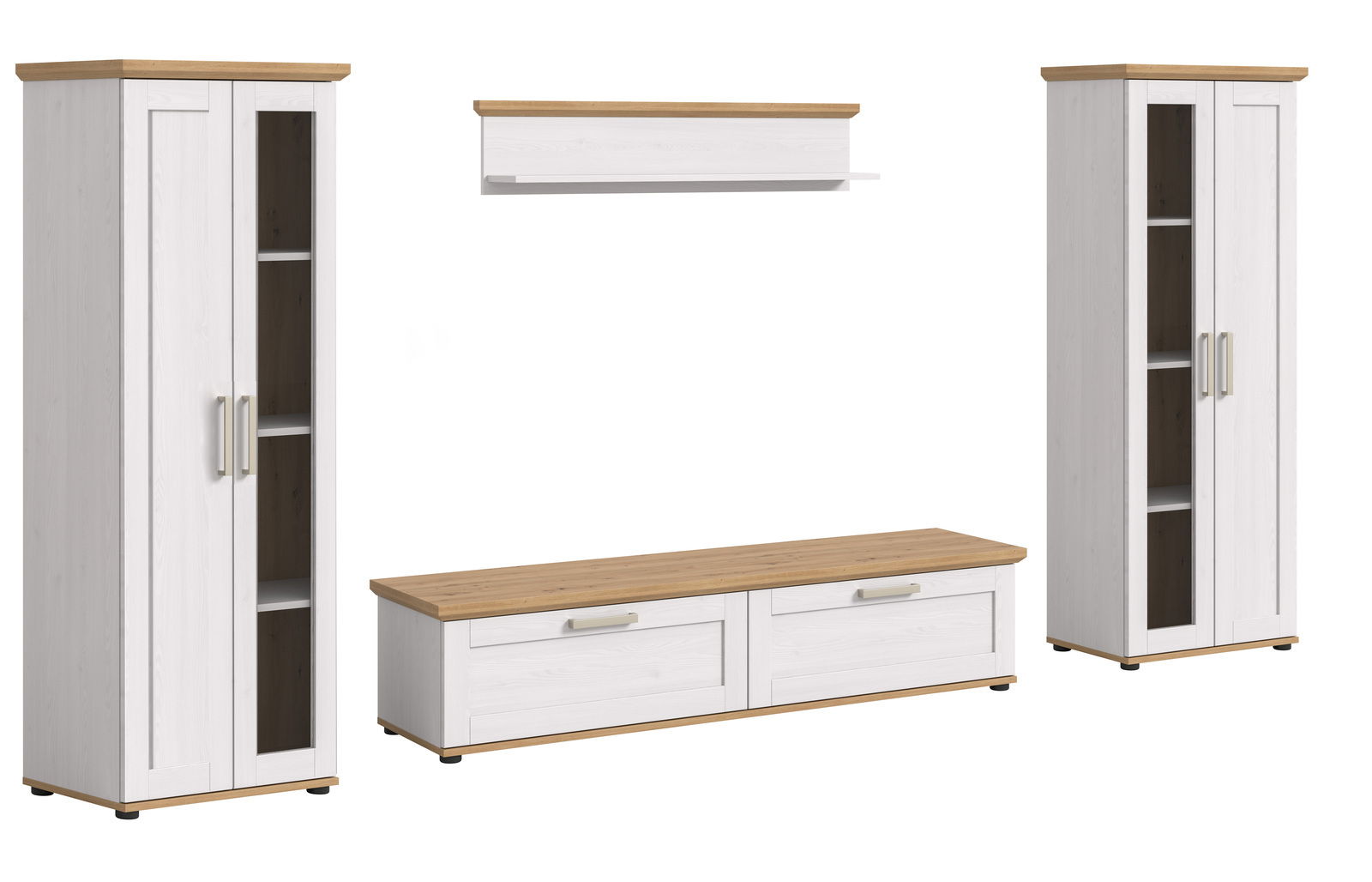 MID.YOU Wohnkombination VERONA Wohnkombination in Weiß mit Holzoberflächen, bestehend aus zwei hohen Schränken mit Glastüren, einem niedrigen TV-Schrank und einem Wandregal, frontal betrachtet.