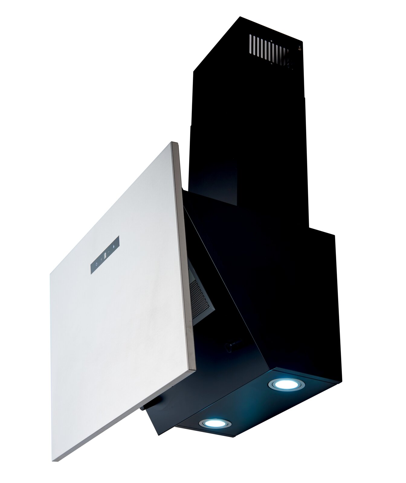 Moderne schwarze Wand-Dunstabzugshaube mit Edelstahl-Frontklappe und zwei LED-Spots, perspektivische Ansicht schräg von unten/vorne