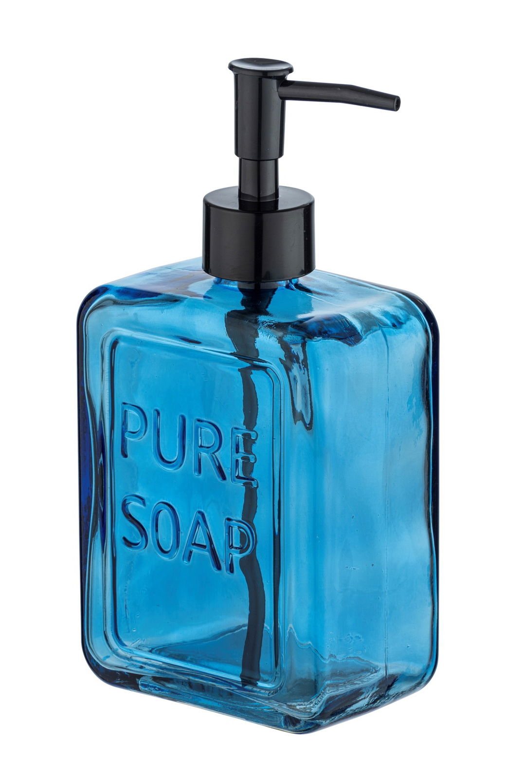 Blauer Seifenspender mit der Aufschrift 'PURE SOAP', seitliche Perspektive