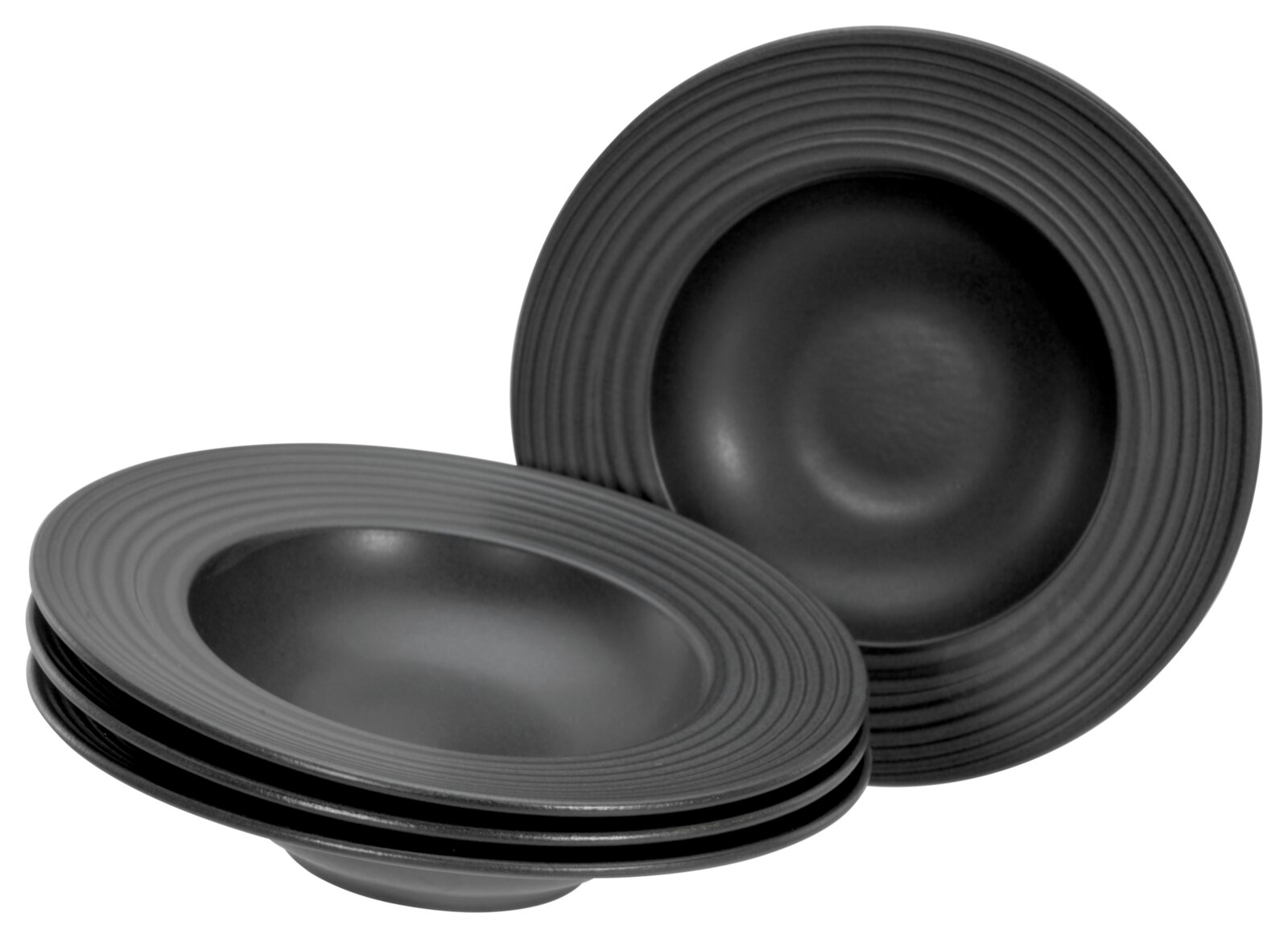 Creatable Pastateller 4-tlg LAVA STONE Schwarze, tiefe Schalen mit geriffeltem Rand im Set, Studioaufnahme in leicht schräger Vorderansicht auf weißem Hintergrund