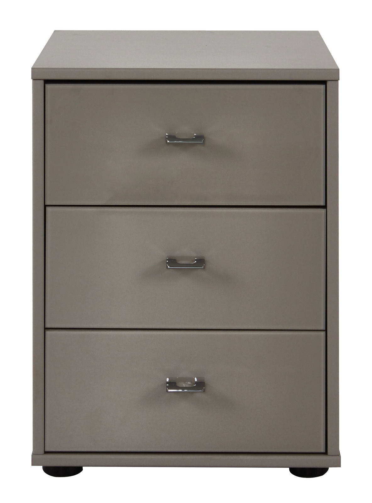 Grauer Nachtschrank mit drei Schubladen, Frontalansicht