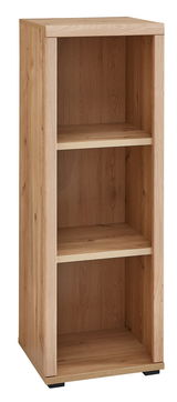 Holz-Aktenregal mit drei offenen Fächern, schmal und niedrig, aus seitlicher Perspektive.