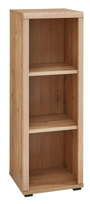 Holz-Aktenregal mit drei offenen Fächern, schmal und niedrig, aus seitlicher Perspektive.