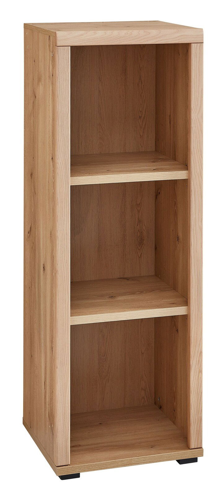 Holz-Aktenregal mit drei offenen Fächern, schmal und niedrig, aus seitlicher Perspektive.