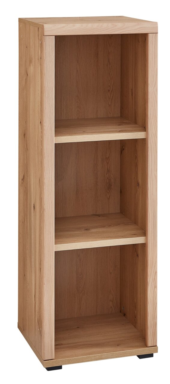 Holz-Aktenregal mit drei offenen Fächern, schmal und niedrig, aus seitlicher Perspektive.