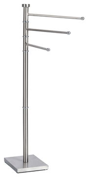 Moderner Handtuchhalter aus Edelstahl mit drei schwenkbaren Armen, seitliche Perspektive