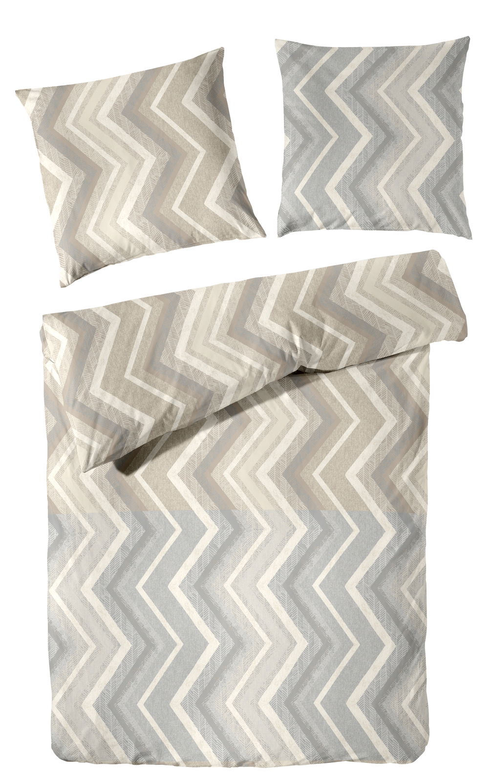 Bettwäsche-Set mit Zickzack-Muster in Beige und Grau, bestehend aus einem Bettbezug und zwei Kissenbezügen, aus der Vogelperspektive fotografiert.