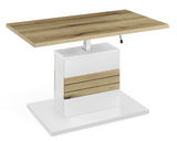 Moderner Couchtisch mit höhenverstellbarer Holzplatte und weißem Sockel, seitliche Perspektive