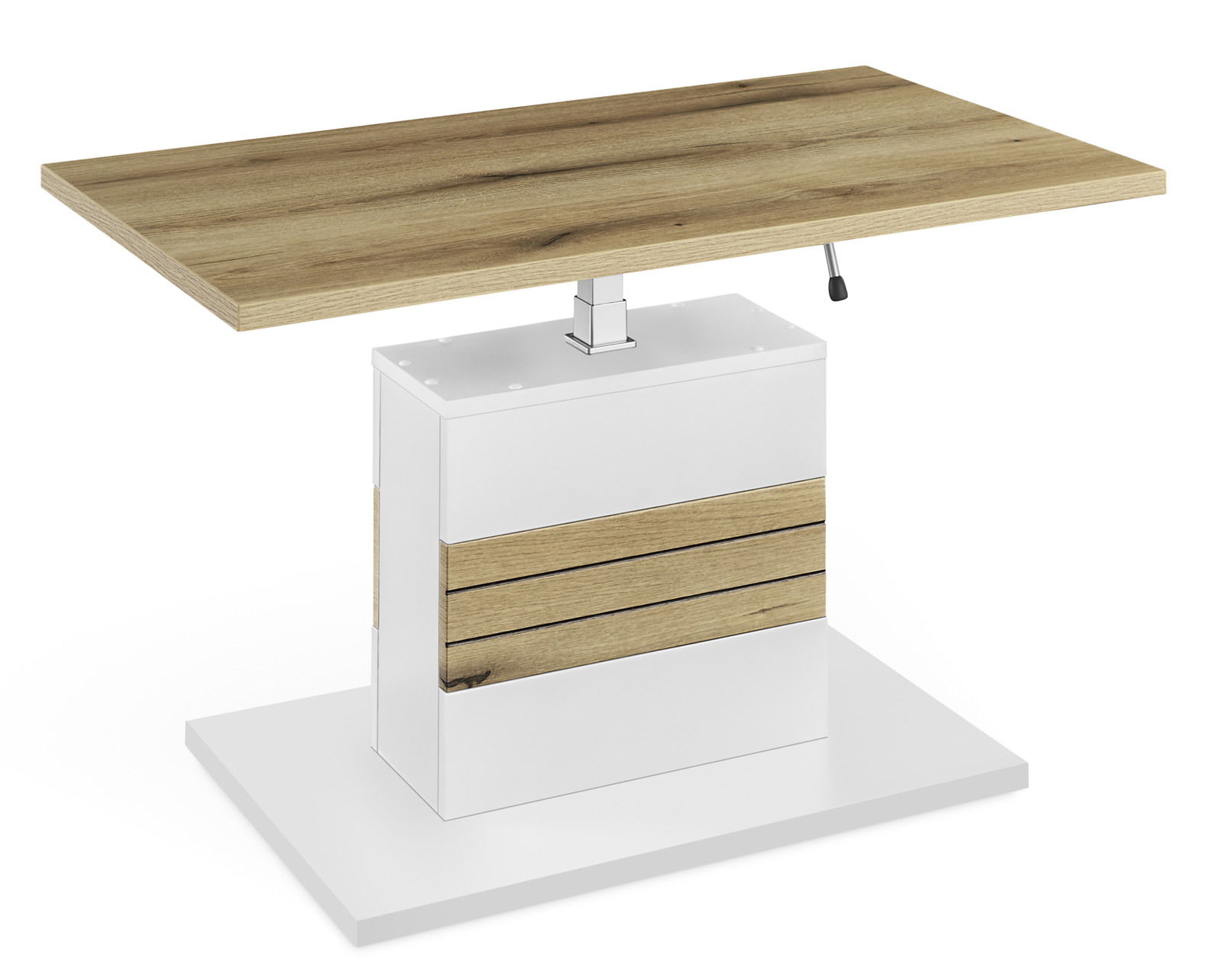 Moderner Couchtisch mit höhenverstellbarer Holzplatte und weißem Sockel, seitliche Perspektive
