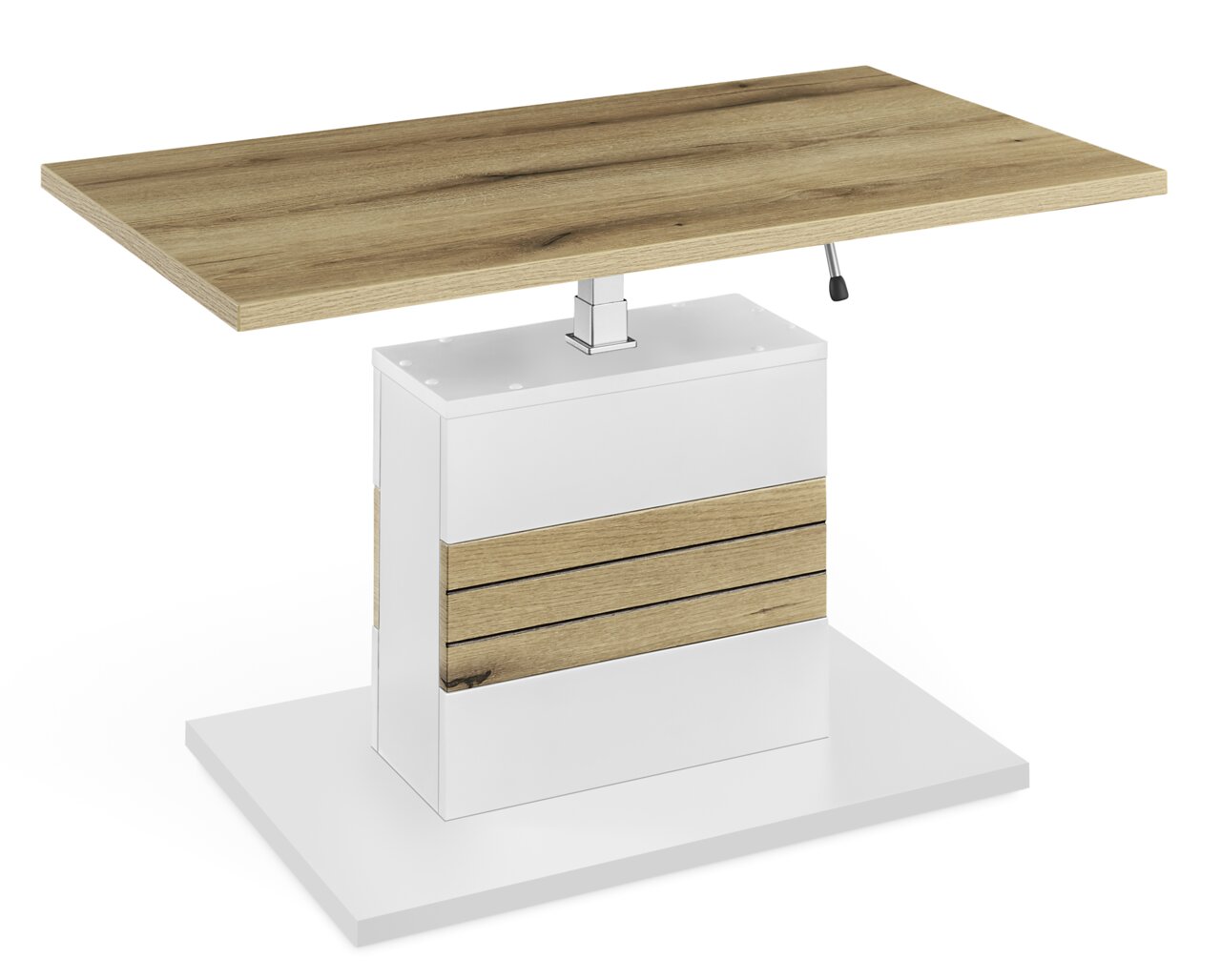 Moderner Couchtisch mit höhenverstellbarer Holzplatte und weißem Sockel, seitliche Perspektive