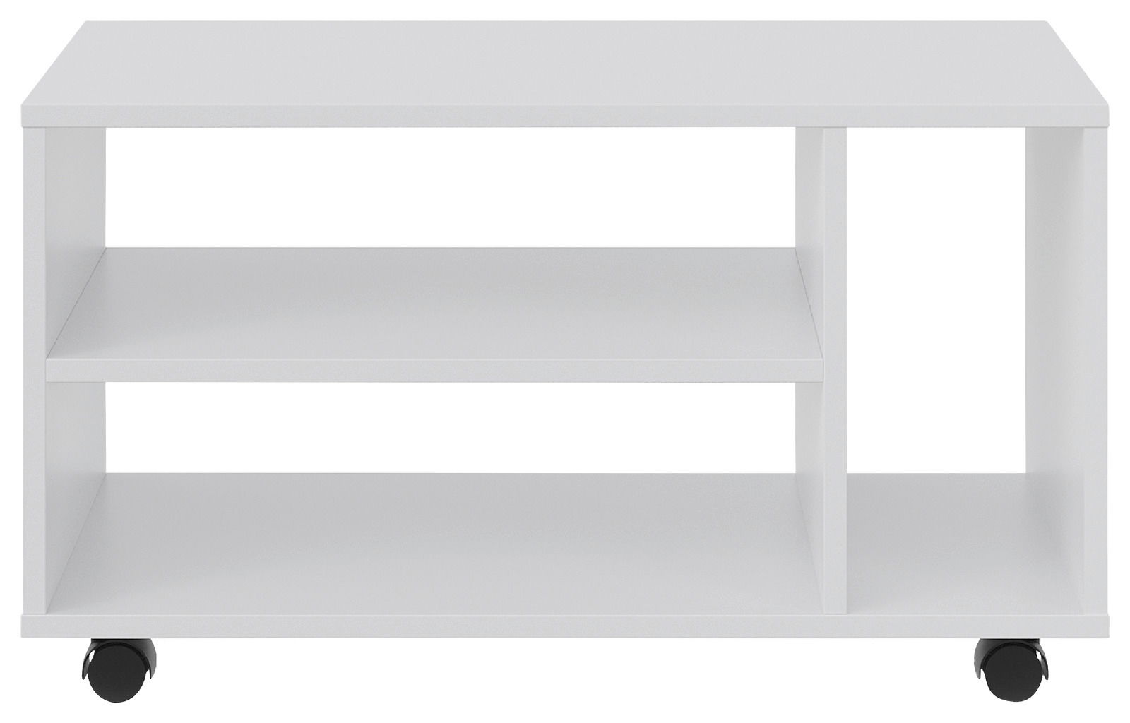 Weißer TV-Rollwagen mit zwei offenen Regalfächern und Rollen, Frontalansicht